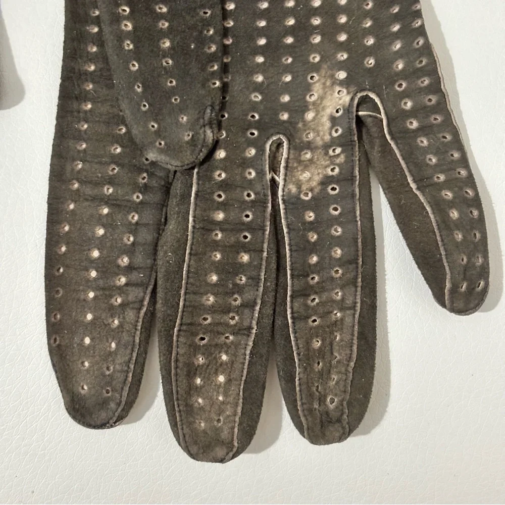 Vintage perforated brown leather gloves long size 6.5